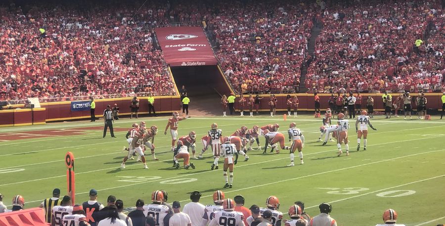 Archive: Patrick Mahomes cadence, Browns at Chiefs, Arrowhead Stadium, 12 Sep 2021 (Conman33, CC BY-SA 4.0). Not the 14 Sep 2026 Monday Night Football 31–10 win, not Walker’s Chiefs debut, and not Mahomes’s ACL/LCL return night.