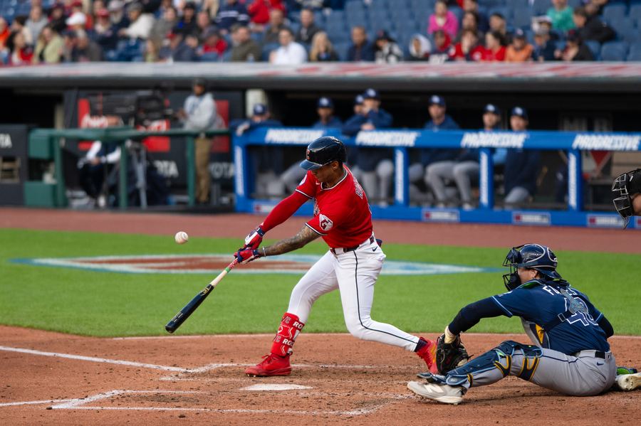 Archive: Brayan Rocchio batting contact at Progressive Field, 28 Apr 2026 (Erik Drost / Wikimedia Commons, CC BY 4.0). Not the 15 September 2026 walk-off double against the White Sox, and not a day-of Adell / Bazzana still.