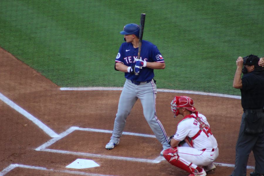 Archive: Corey Seager (Texas Rangers) batting at Angel Stadium, 8 Jul 2024 (Sewageboy / Wikimedia Commons, CC BY-SA 4.0). Not the 16 September 2026 Globe Life Field game against the Red Sox, and not a day-of AL West tie still.