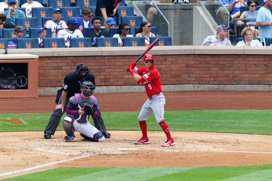 Archive: Matt McLain (Cincinnati Reds) batting vs Mets, 20 Jul 2025 (D. Benjamin Miller / Wikimedia Commons, CC0). Not the 16 September 2026 clinch-delay win over the Dodgers, not an Elly De La Cruz swing still, and not a Great American Ball Park day-of still.