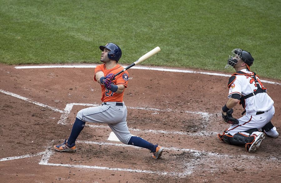 Archive: José Altuve mid-swing follow-through, Astros orange kit vs Orioles at Camden Yards, 23 Jul 2017 (Keith Allison / Flickr via Commons, CC BY-SA 2.0). Not the 17 September 2026 Astros reclaim of the AL West, not a Globe Life Field / Trevor Story still, and not a day-of Daikin Park still.