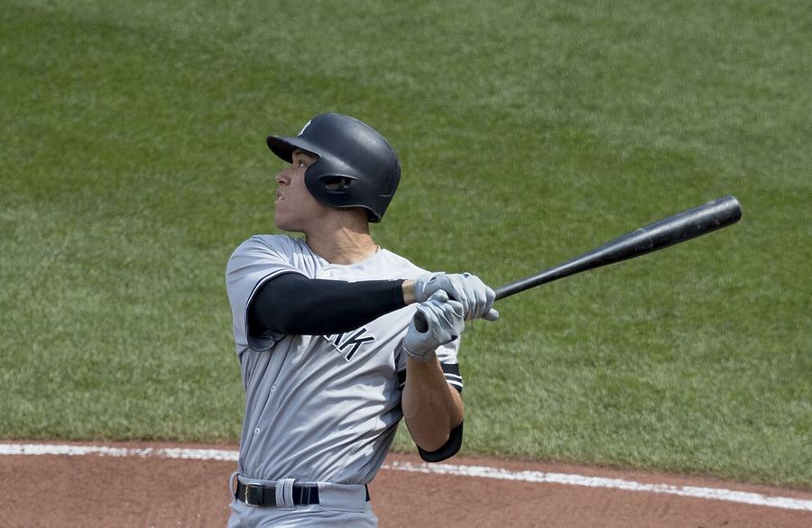 Archive: Aaron Judge mid-swing batting follow-through, Yankees grey road kit, 2017 (Keith Allison / Flickr via Commons, CC BY-SA 2.0). Not the 18 September 2026 Judge IL placement, not a Yankees 9–2 win day-of still, and not a Yankee Stadium IL day-of still.