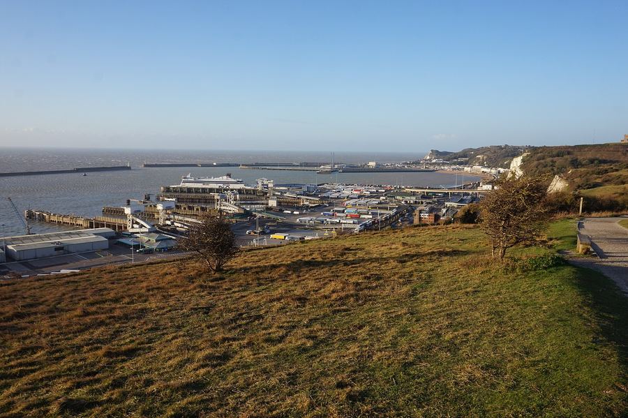 Archive photo: the Port of Dover and White Cliffs from Langdon Cliffs, Kent, February 2020.