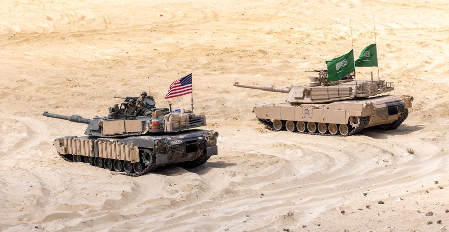 Archive photo: a Royal Saudi Land Forces Abrams tank flying Saudi flags, right, beside a U.S. Army tank during the multinational Bright Star exercise in Egypt, September 2025.