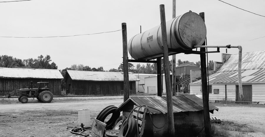 Archive photo: an overhead fuel tank that supplies tractors and farm vehicles on a family farm near Selma, Alabama, photographed in 2000 for a federal survey of historic sites.