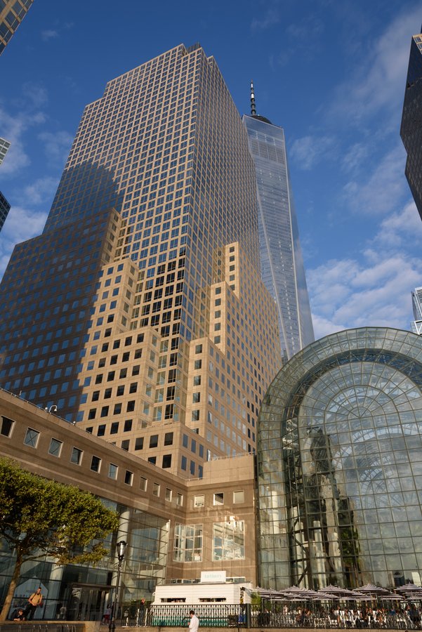 Archive photo: 200 Vesey Street, the American Express headquarters tower, beside the Winter Garden at Brookfield Place in Lower Manhattan in August 2017.