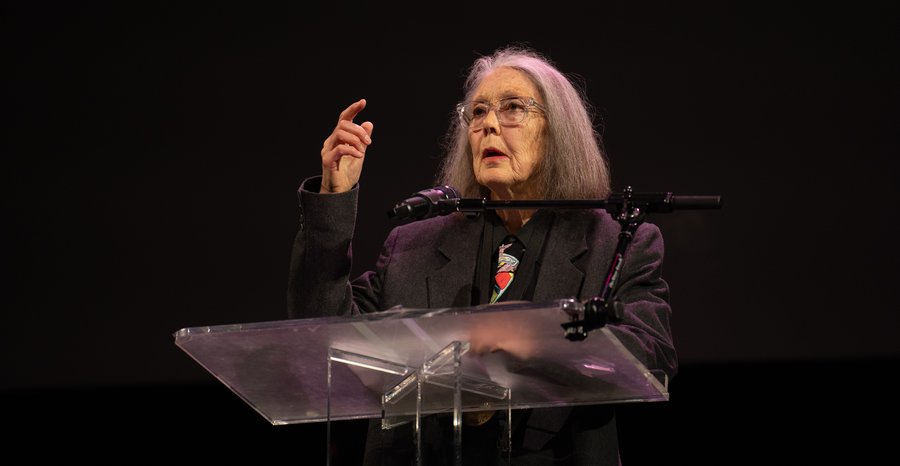 Archive photo: Anne Carson reads at the National Book Awards finalists' reading at NYU's Skirball Center in New York in November 2024.